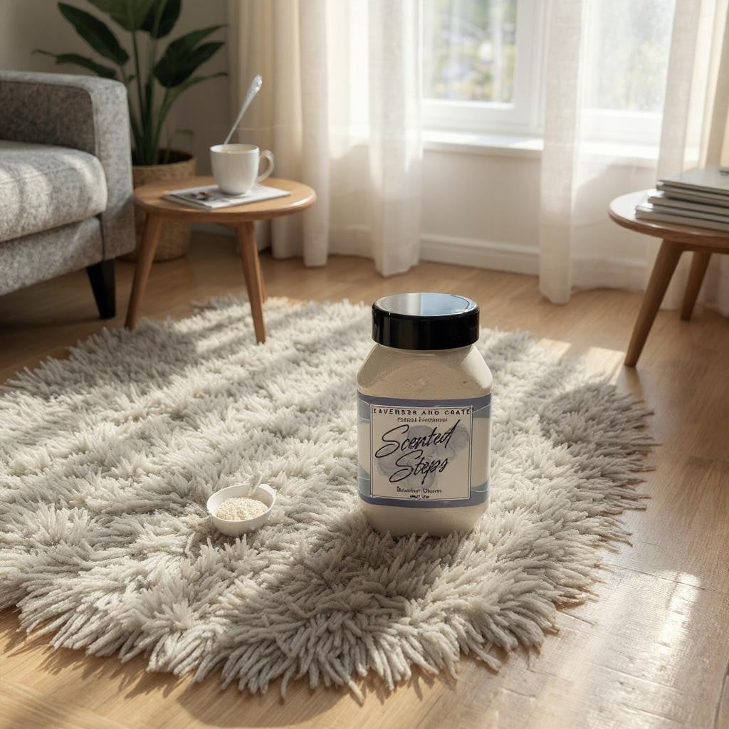 Scented steps product on a fluffy rug in a bright living room