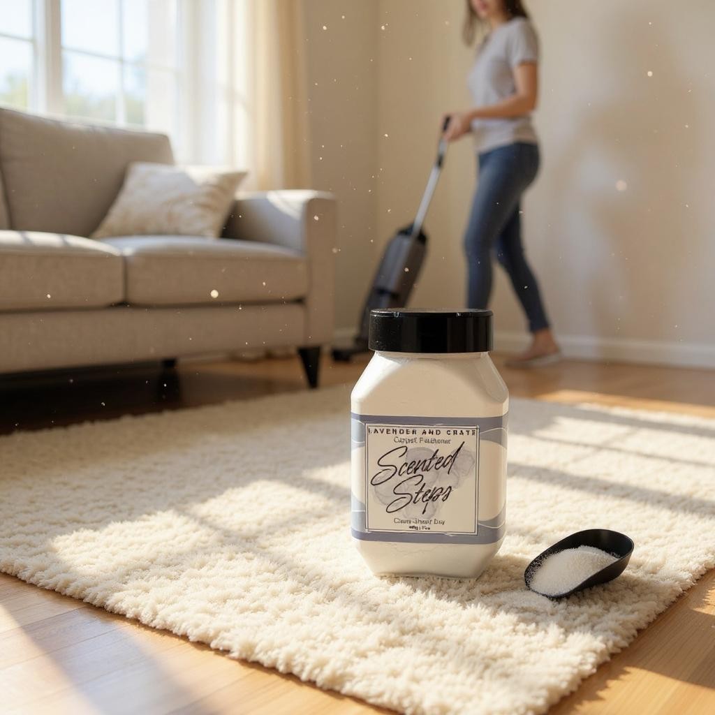 Scented steps product on a carpet with a person cleaning in the background