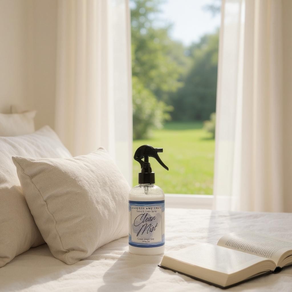 Clean Mist room and linen spray on a bed with open book and curtains in the background