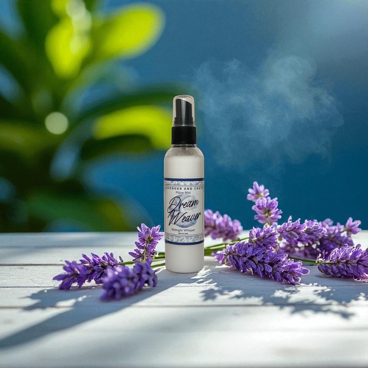Spray bottle labeled 'Dream Weaver' surrounded by lavender flowers on a wooden surface with a blurred natural background.