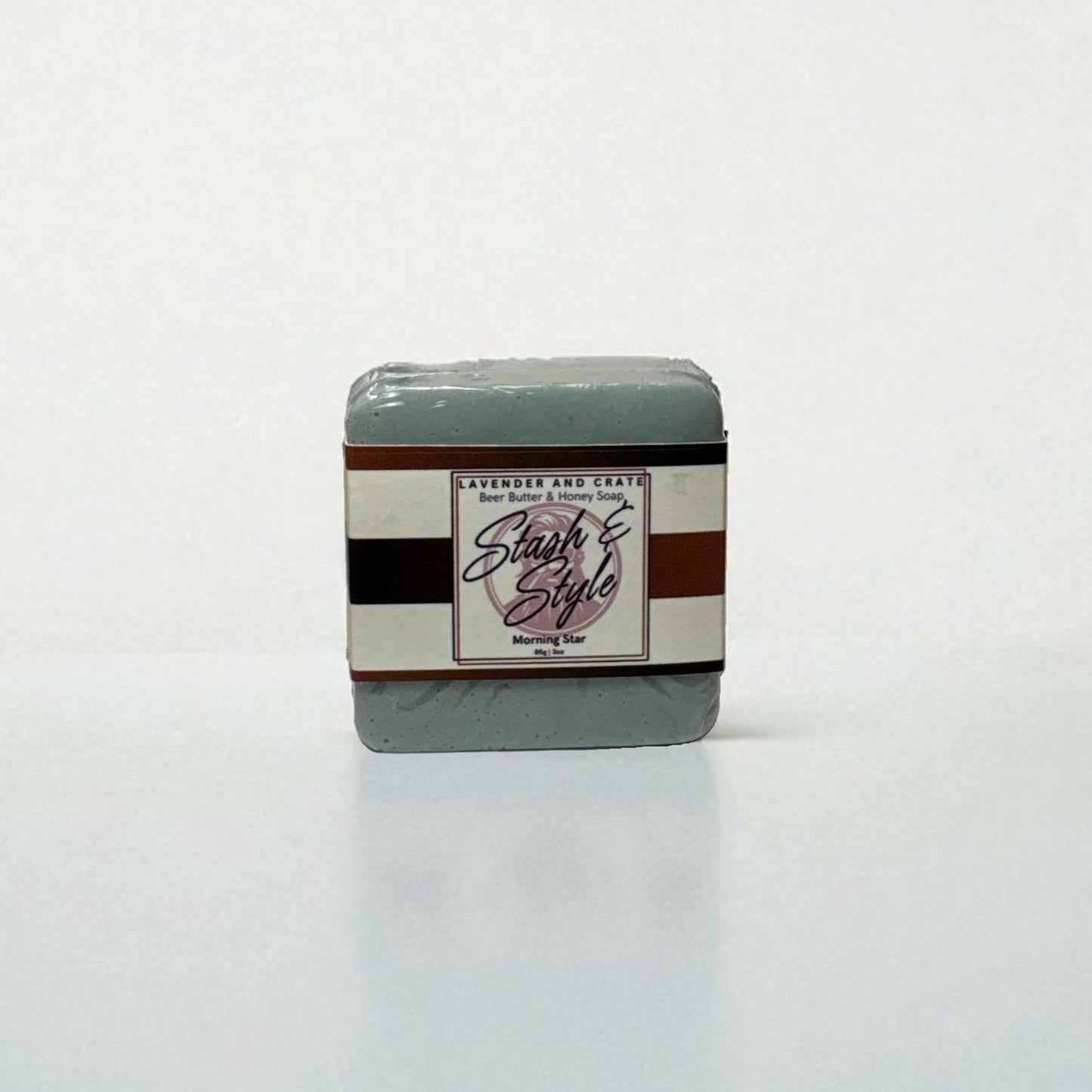 Bar of soap with a label on a white background