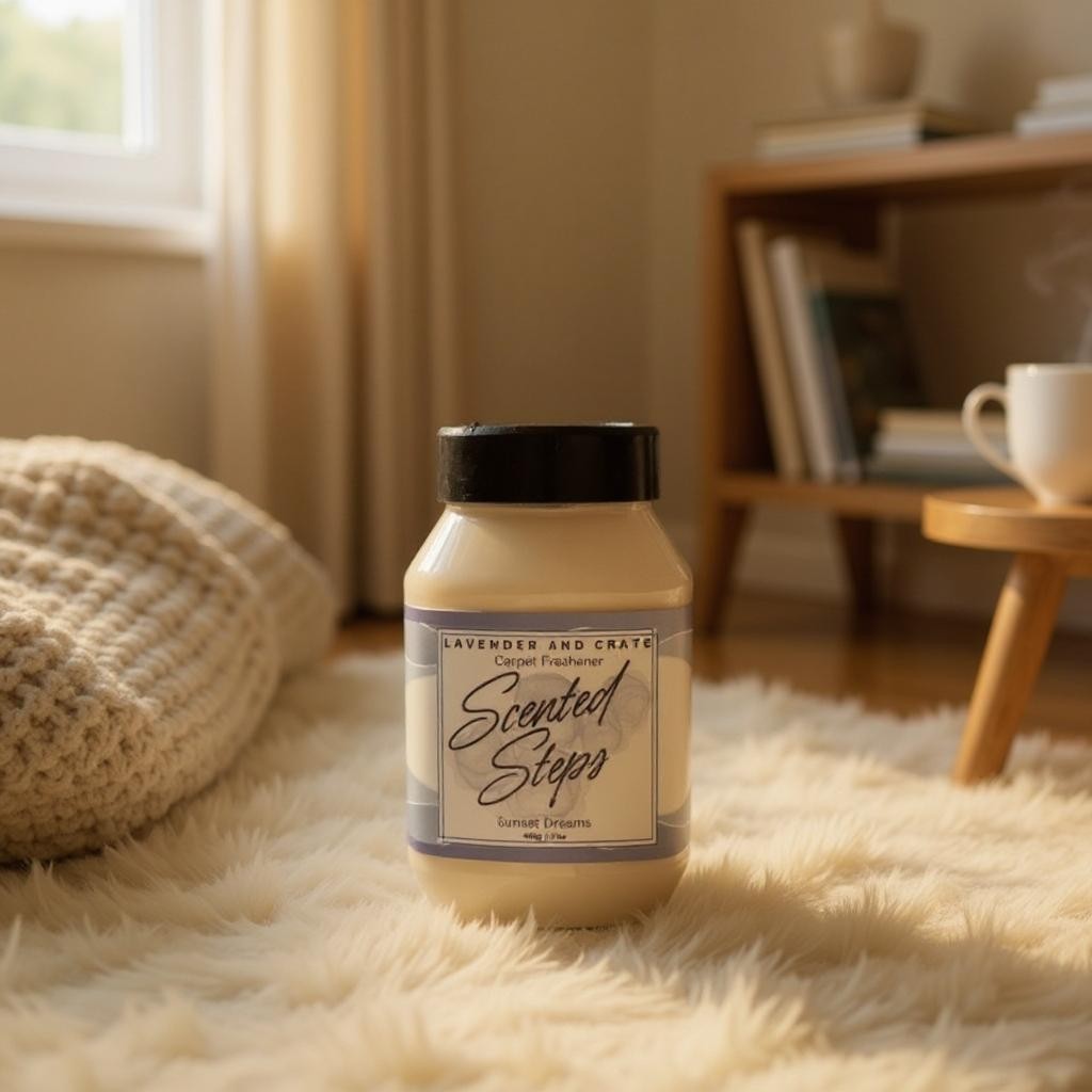 Scented Steps candle on a fluffy surface with a cozy room background