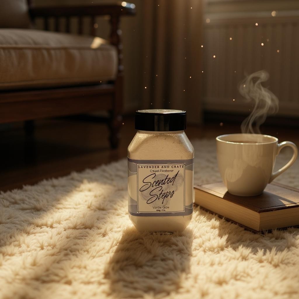 Jar of scented sticks with a steaming mug on a book in a cozy room.