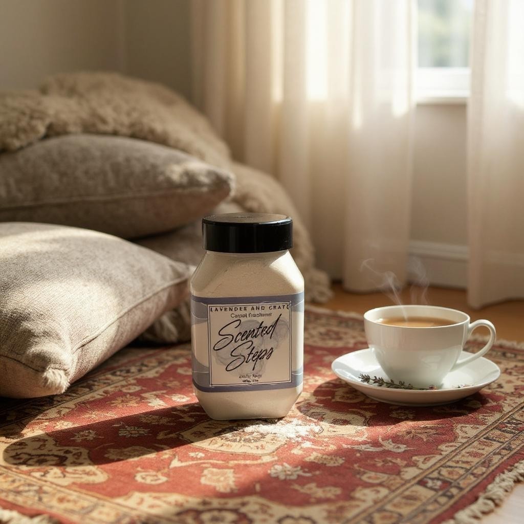 Jar of scented sticks on a patterned rug with a steaming cup of coffee