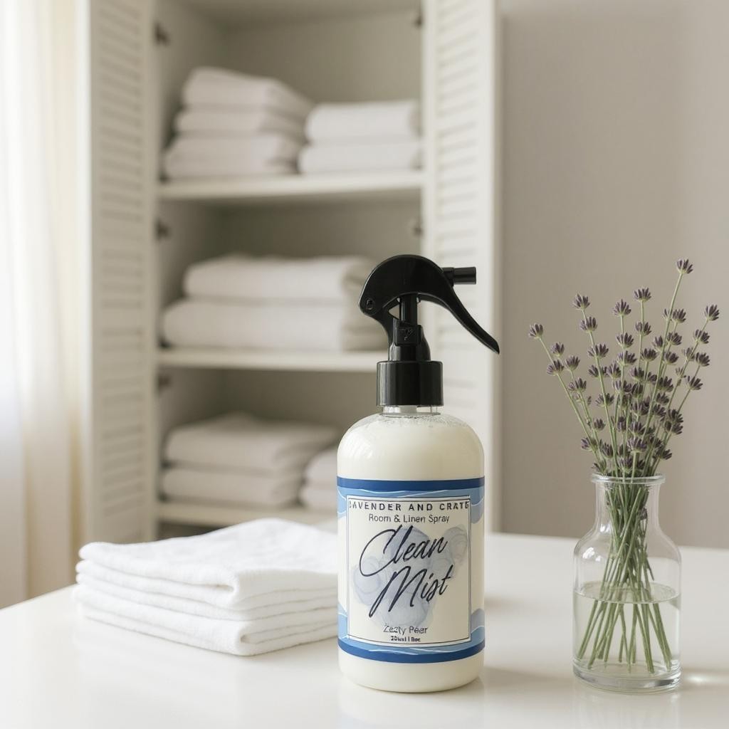 Clean Mist room and linen spray on a table with white towels and lavender in the background