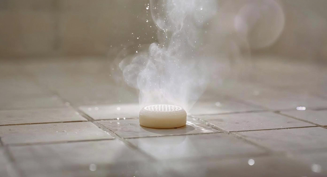 Shower steamer dissolving on a wet shower floor with rising steam and soft spa‑like lighting.