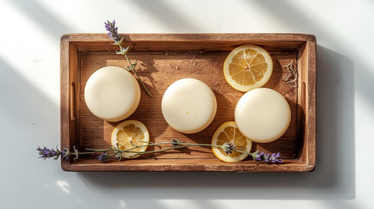 Flat lay of natural conditioner bars on a wooden tray with botanical elements and soft, clean lighting.