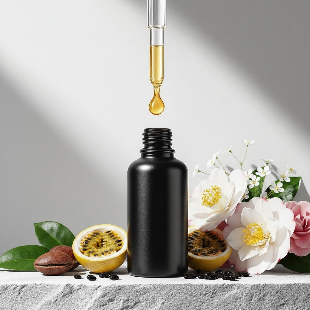 A black glass bottle sits on a light surface as a dropper releases a golden droplet into it, surrounded by passionfruit halves, green leaves, delicate flowers, and natural seeds in a bright, minimal botanical arrangement.