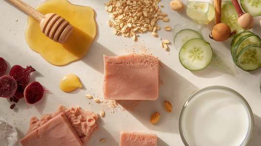 A flat lay of natural soapmaking ingredients such as oats, honey, beet root powder, cucumber slices, aloe gel, and buttermilk arranged around artisanal soap bars on a light neutral background with soft natural lighting.