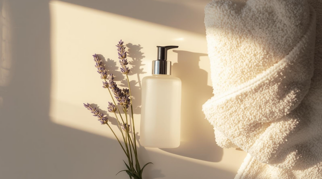 Spa‑inspired flat lay featuring a frosted pump bottle, a rolled white towel, and fresh lavender sprigs arranged on a light surface with warm, calming lighting.