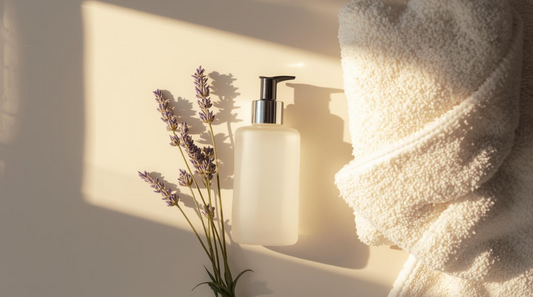 Spa‑inspired flat lay featuring a frosted pump bottle, a rolled white towel, and fresh lavender sprigs arranged on a light surface with warm, calming lighting.