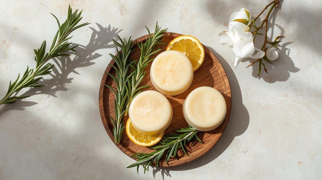 Flat lay of natural shampoo bars on a wooden tray with botanical accents and soft, clean lighting.