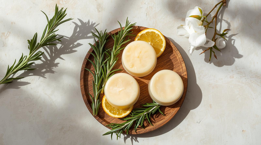 Flat lay of natural shampoo bars on a wooden tray with botanical accents and soft, clean lighting.