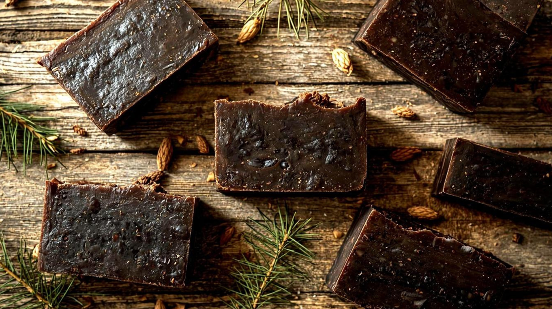 A flat lay of dark brown or black pine tar soap bars with a rustic, textured appearance, placed on a wooden surface with pine needles or small pine branches nearby. Warm, earthy lighting.