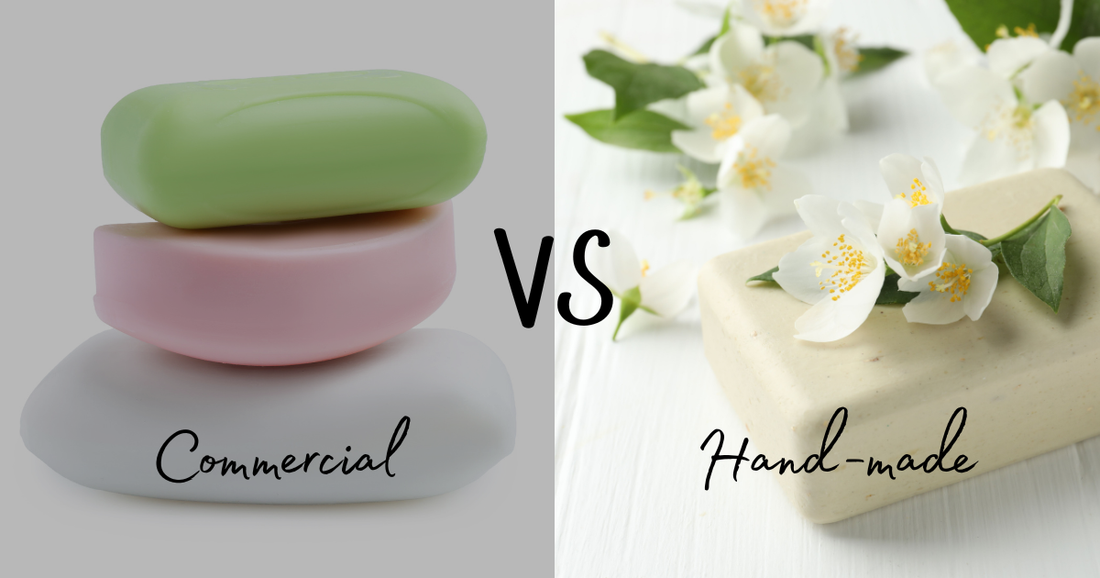 Side‑by‑side comparison of commercial soap bars and natural cold process soap on a clean surface with soft, neutral lighting.