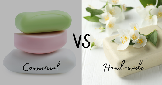 Side‑by‑side comparison of commercial soap bars and natural cold process soap on a clean surface with soft, neutral lighting.