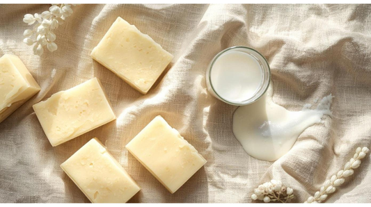 Flat lay of creamy milk soap bars with a glass of milk and natural ingredients on a soft neutral background.
