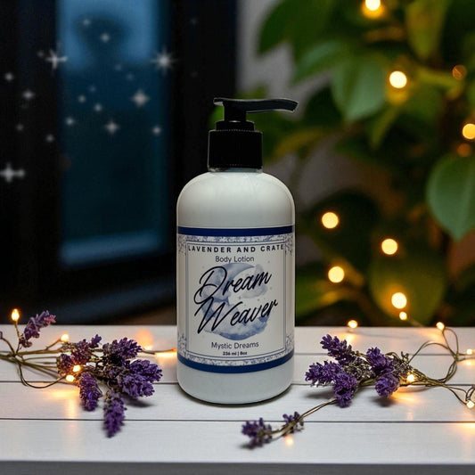 Body lotion bottle labeled 'Dream Weaver' with lavender flowers on a wooden surface.