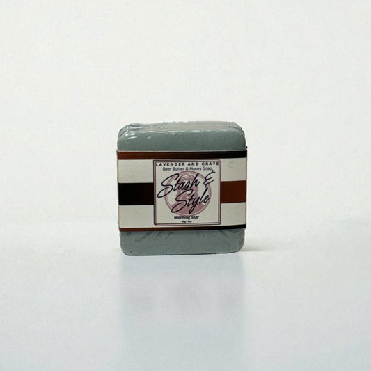 Bar of soap with a label on a white background