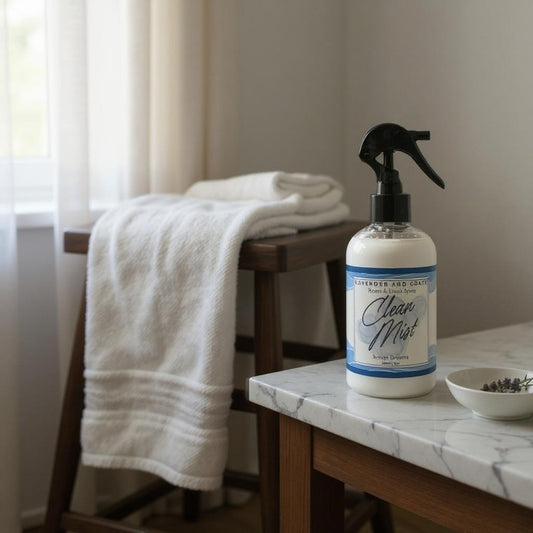 Bottle of 'Clean Mist' room and linen spray on a marble countertop with towels in the background