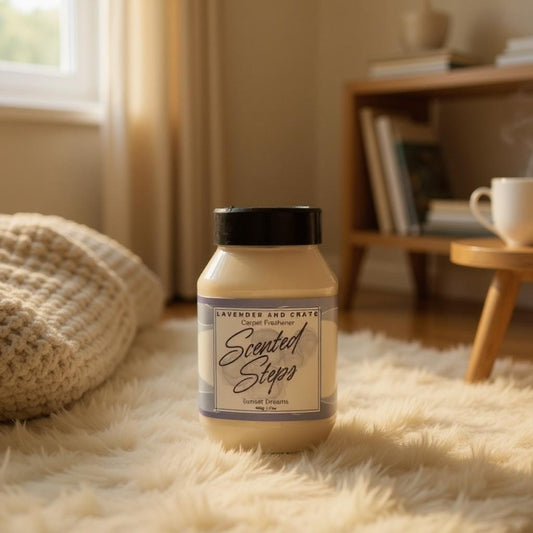 Scented Steps candle on a fluffy surface with a cozy room background